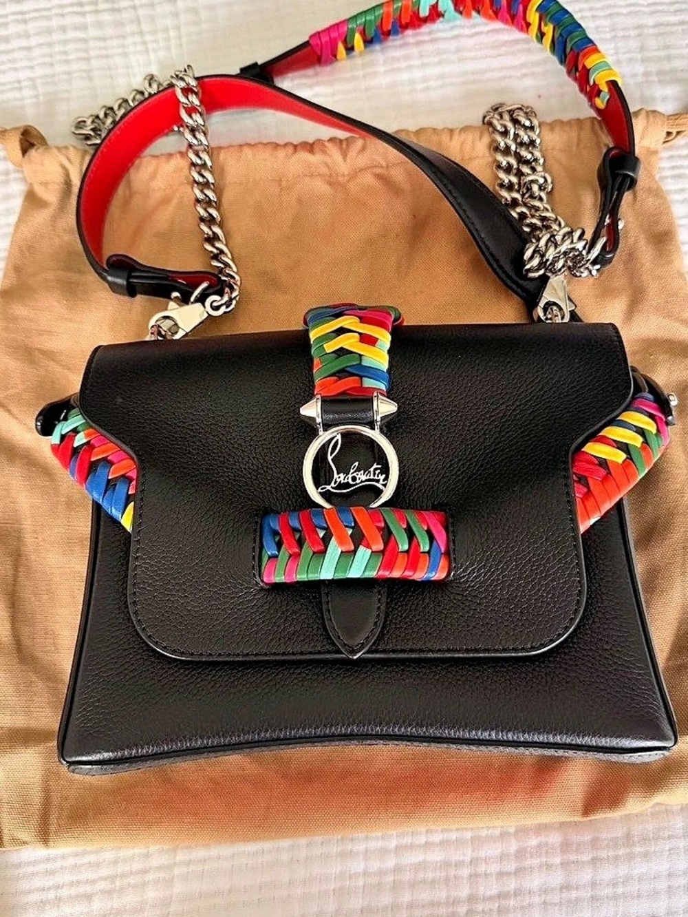 Christian Louboutin RUBYLOU Shoulder Bag | Black + Multicolor Woven Trim | Excel